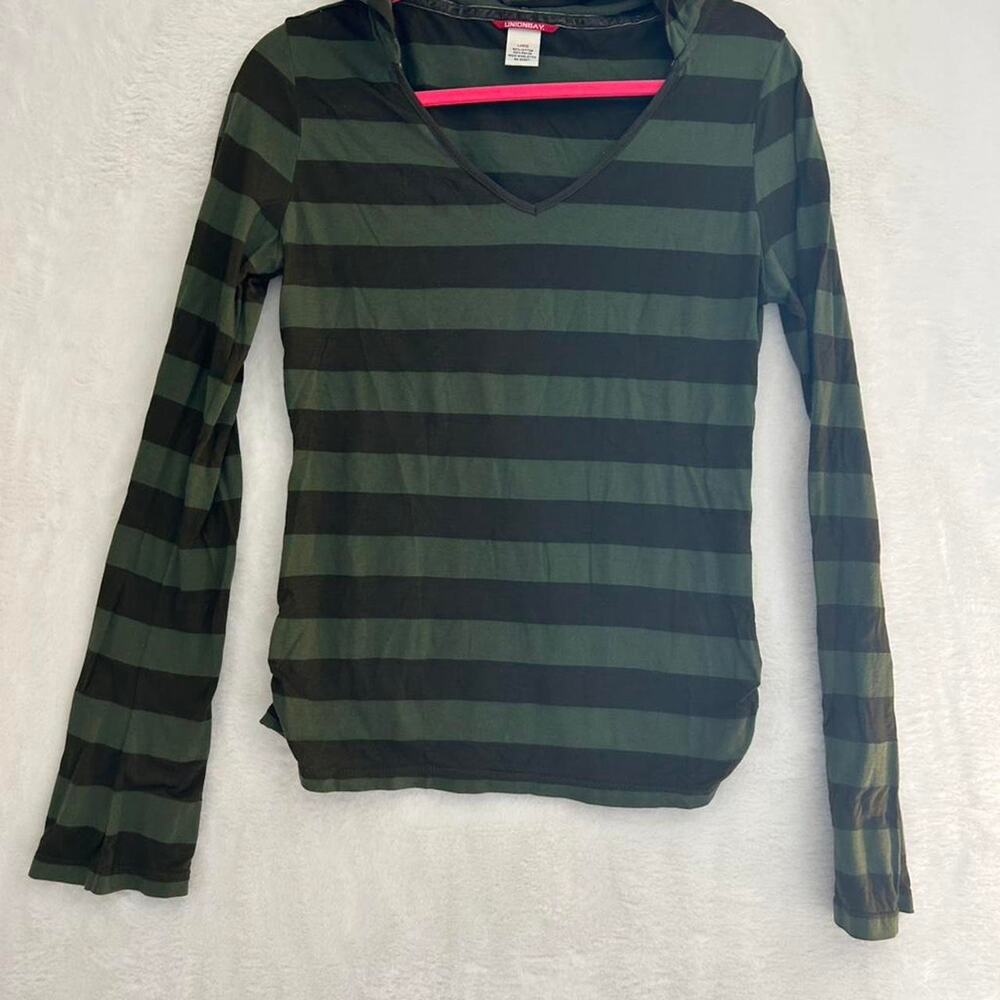 Unionbay Striped Hoodie Women Large Green Black V-Neck Long Sleeve Ruched Top